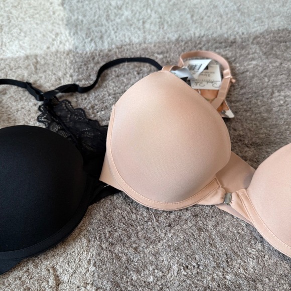 Rene Rofe 2 Demi Slight Push Up Bras 36B Front Close Lace Racerback Nude Black - Picture 2 of 9